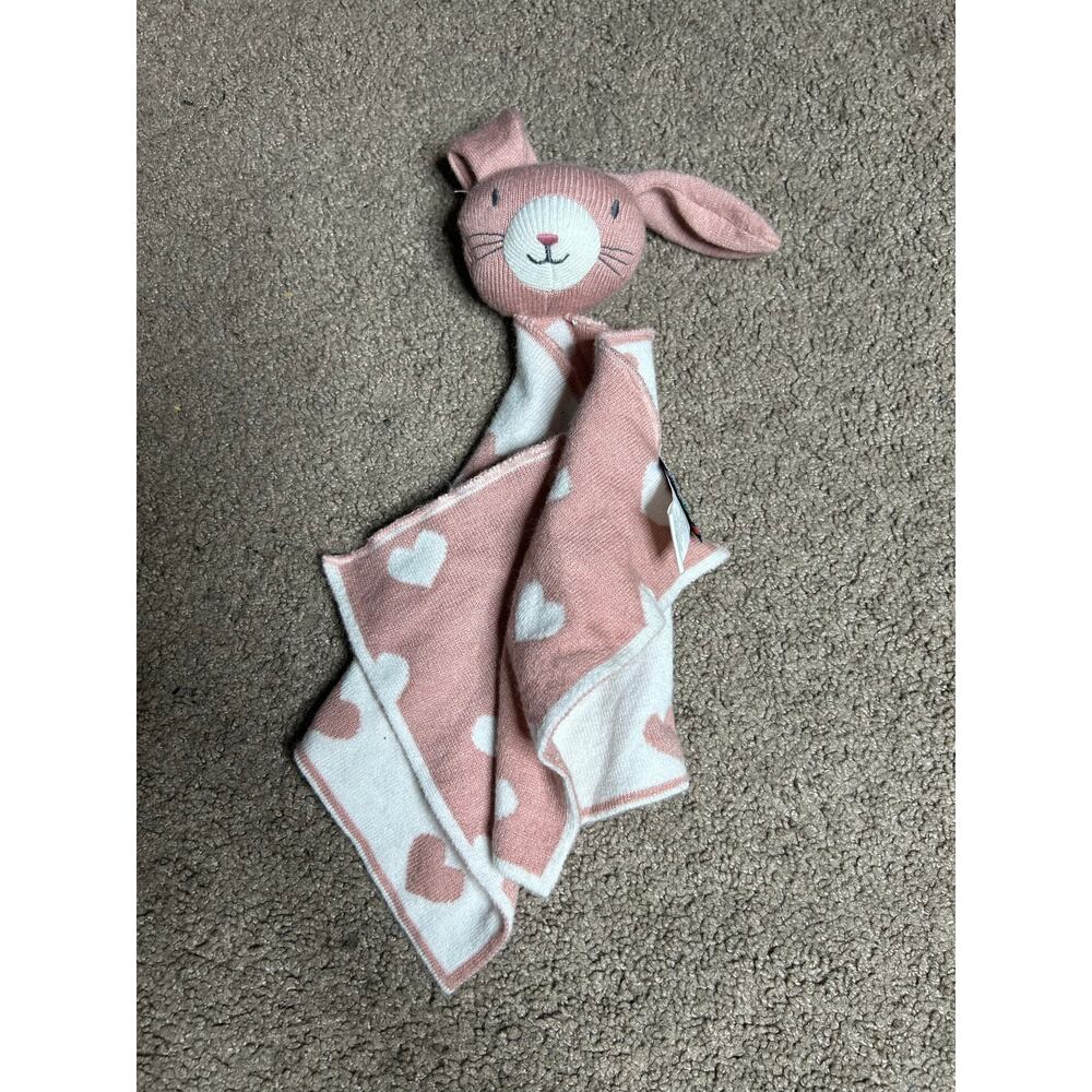 Pink w/White Hearts Knit Bunny Rabbit Rattle Lovey Security Blanket NYGB 15"x7"